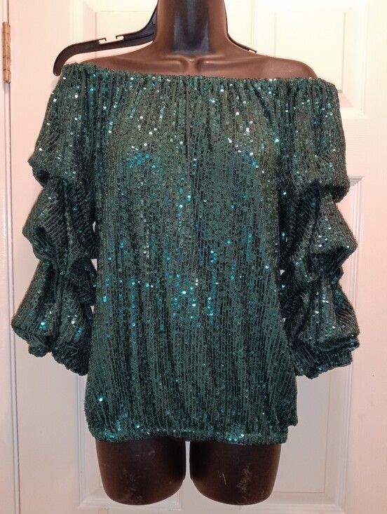 CeCe Tops - NWT. CeCe Emerald Sequin Off-Shoulder Ruffle Sleeve Top